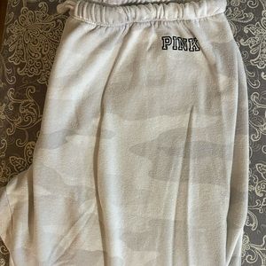 Victoria secret pink, white camp sweat pants.